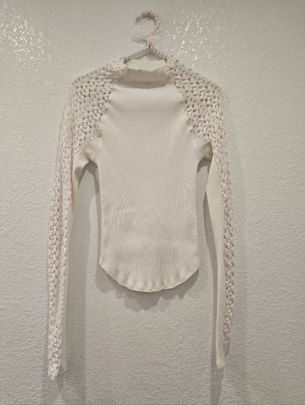 Free People Clemente Top Mock Neck Lace Long Sleeve M Cream